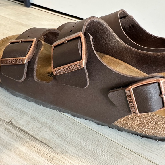 Birkenstock Dark Brown Sandals with Copper Buckles - Picture 3 of 10